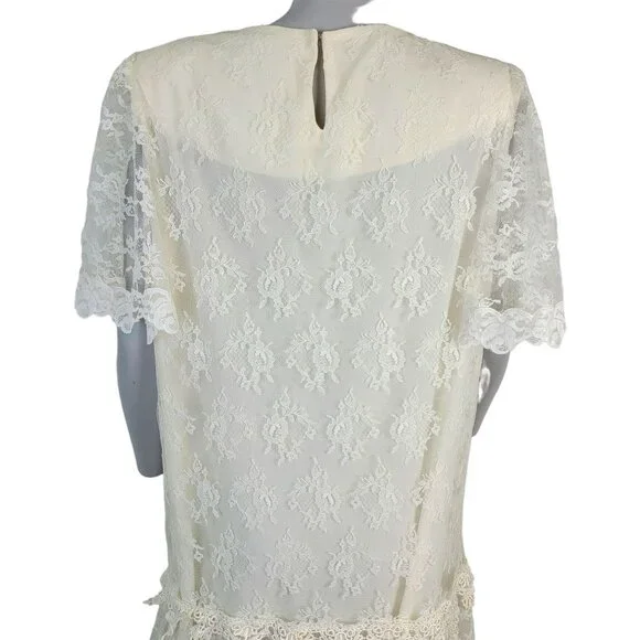 Vintage 80s Lace Midi Dress Women 12 Cream 20s Style Formal Wedding Retro Summer - Picture 12 of 13